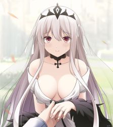 Rule 34 | 1girl, bare shoulders, blurry, blurry background, breasts, bridal veil, closed mouth, collarbone, commentary, commission, crying, crying with eyes open, depth of field, dress, english commentary, girls&#039; frontline, grey hair, hair between eyes, hand up, happy tears, highres, jewelry, kar98k (girls&#039; frontline), kar98k (purity in vermilion) (girls&#039; frontline), keenh, long hair, long sleeves, looking at viewer, medium breasts, off-shoulder dress, off shoulder, official alternate costume, out of frame, ring, see-through, signature, smile, solo focus, tears, tiara, veil, very long hair, wedding band, wedding dress, white dress