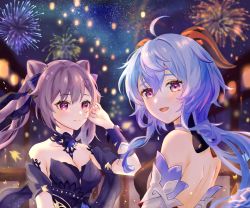 Rule 34 | 2girls, ahoge, back, backless outfit, black dress, blue hair, blush, bow, bow choker, breasts, cleavage, cone hair bun, detached sleeves, diamond-shaped pupils, diamond (shape), double bun, dress, fireworks, ganyu (genshin impact), genshin impact, hair bun, hair ears, highres, hinagikumonnme, horns, keqing (genshin impact), keqing (opulent splendor) (genshin impact), lantern, long hair, looking at viewer, looking back, low ponytail, medium breasts, multiple girls, night, official alternate costume, official alternate hairstyle, paper lantern, purple eyes, purple hair, sideboob, sidelocks, smile, strapless, strapless dress, symbol-shaped pupils, upper body, white sleeves
