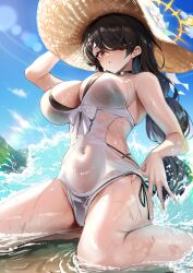 Rule 34 | 1girl, bikini, bikini under clothes, black bikini, black hair, blue archive, blue sky, breasts, cloud, covered navel, day, hair over one eye, halo, hat, highres, hinata (blue archive), hinata (swimsuit) (blue archive), kneeling, large breasts, long hair, looking at viewer, one-piece swimsuit, outdoors, parted lips, red eyes, sky, solo, stone (ksorede), straw hat, sun hat, swimsuit, thighs, very long hair, water, wet, white one-piece swimsuit
