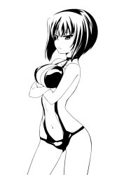 Rule 34 | 10s, 1girl, breast hold, breasts, closed mouth, cowboy shot, crossed arms, girls und panzer, greyscale, kawashima momo, medium breasts, monochrome, monocle, nanashiro gorou, navel, neck ribbon, one-piece swimsuit, ribbon, short hair, solo, standing, swimsuit