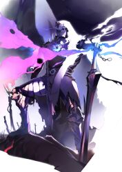 Rule 34 | 1boy, armor, black cloak, cloak, fate/grand order, fate (series), field of blades, full armor, full body, glowing, glowing eyes, highres, holding, holding sword, holding weapon, king hassan (fate), male focus, mask, mature male, rathalosx4, skull, skull mask, solo, spikes, sword, weapon