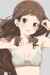 Rule 34 | 1girl, armpits, arms up, blush, bra, breasts, breasts apart, brown eyes, brown hair, collarbone, commentary, grey background, highres, hiroki (yyqw7151), idolmaster, idolmaster million live!, kitazawa shiho, long hair, looking at viewer, medium breasts, midriff, open mouth, parted bangs, simple background, smile, solo, underwear, wavy hair