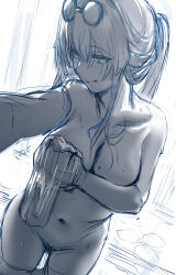 Rule 34 | 1girl, :q, bare shoulders, breasts, collarbone, commentary, covering privates, english commentary, eyewear on head, hews, highres, holding, holding towel, honkai: star rail, honkai (series), kafka (honkai: star rail), large breasts, long hair, looking at viewer, mole, mole on breast, nude, nude cover, partially submerged, sketch, solo, sunglasses, tongue, tongue out, towel, wet