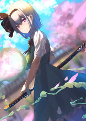 Rule 34 | 1girl, 38 (sanjuuhachi), black bow, black hairband, blue sky, blurry, blurry background, bokeh, bow, cherry blossoms, closed mouth, commentary, day, depth of field, dutch angle, fighting stance, green shirt, green skirt, hair bow, hairband, highres, holding, holding sword, holding weapon, katana, konpaku youmu, looking at viewer, outdoors, pink eyes, ready to draw, shirt, short hair, short sleeves, silver hair, skirt, sky, smile, solo, sword, touhou, two-tone shirt, weapon, white shirt
