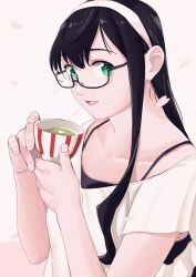 Rule 34 | 1girl, bad id, bad twitter id, black-framed eyewear, black hair, cup, glasses, green eyes, green tea, hairband, highres, holding, kantai collection, long hair, ojipon, ooyodo (kancolle), open mouth, petals, petals on liquid, pink background, short sleeves, simple background, solo, tea, upper body, white hairband