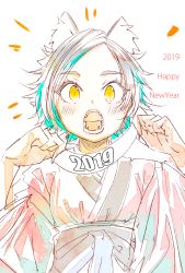 Rule 34 | 1girl, 2019, animal ear fluff, animal ears, banner, blush, fangs, fingernails, happy new year, highres, holding, japanese clothes, kimono, long fingernails, long sleeves, looking at viewer, new year, open mouth, original, red kimono, sash, sharp teeth, short hair, simple background, sketch, solo, teeth, white background, yae (mono110), yellow eyes