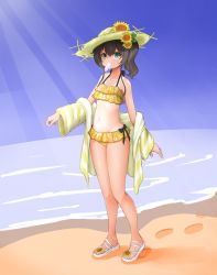 Rule 34 | 1girl, absurdres, bad id, bad pixiv id, beach, bikini, blue eyes, bow, bow bikini, collarbone, commentary request, day, flower, food, frilled bikini, frills, from side, full body, hair between eyes, hair flower, hair ornament, halterneck, hat, highres, hololive, jacket, legs together, looking at viewer, natsuiro matsuri, natsuiro matsuri (hololive summer 2019), natsuiro matsuri (matsuri&#039;s day off), navel, ocean, official alternate costume, one-piece tan, orange bikini, outdoors, parted bangs, popsicle, print bikini, sandals, side ponytail, solo, straw hat, striped clothes, striped jacket, sunflower, swimsuit, tan, tanline, thighs, virtual youtuber, yellow hat