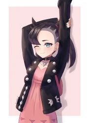 Rule 34 | 1girl, arms up, asymmetrical bangs, backpack, bag, black choker, black hair, black jacket, black nails, blush, choker, closed mouth, commentary request, creatures (company), desire (tbot7), dress, earrings, game freak, green eyes, highres, jacket, jewelry, marnie (pokemon), nail polish, nintendo, one eye closed, open clothes, open jacket, pink dress, pokemon, pokemon swsh, red bag, smile, solo, stretching
