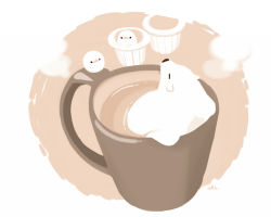 Rule 34 | bear, bird, chai (drawingchisanne), commentary, cup, closed eyes, food focus, hot chocolate, leaning back, no humans, original, polar bear, relaxing, signature, simple background, sitting, steam, white background
