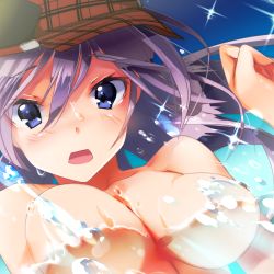 Rule 34 | 10s, 1girl, alisa ilinichina amiella, blue eyes, blush, bouncing breasts, breasts, close-up, female focus, god eater, hat, large breasts, long hair, looking at viewer, lowres, nude, open mouth, silver hair, solo, transpot nonoko, water, wet