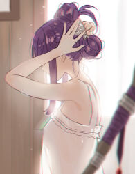 Rule 34 | 1girl, alternate hairstyle, arm behind head, arms up, bare arms, blurry, camisole, covered eyes, day, depth of field, double bun, fern (sousou no frieren), folded ponytail, from side, hair bun, hair up, hairdressing, indoors, oto1 030, profile, purple hair, see-through silhouette, sidelocks, sleeveless, solo, sousou no frieren, staff, updo, upper body, white camisole