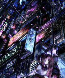 Rule 34 | 2girls, absurdres, ad, android, bartender, billboard, building, city, cityscape, cyberpunk, dorothy haze, english text, hands in pockets, highres, jacket, jill stingray, lantern, mechanical arms, moon, multiple girls, night, night sky, open sign, pink hair, pta, purple hair, revision, road, sky, skyscraper, street, va-11 hall-a