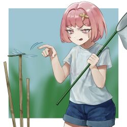 Rule 34 | 1girl, blue shorts, blush, bug, butterfly net, casual, dragonfly, flat chest, goddess of victory: nikke, hand net, highres, insect, noah (nikke), o o k i n a, parted lips, pink eyes, pink hair, pointing, shirt, short hair, shorts, solo, sparkle hair ornament, sweatdrop