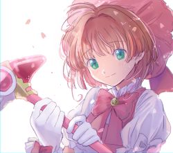 Rule 34 | 1girl, absurdres, ahoge, blue eyes, blush, bow, brown hair, cardcaptor sakura, cherry blossoms, fujie-yz, fuuin no tsue, gloves, hat, highres, kinomoto sakura, looking at viewer, pink bow, pink hat, puffy sleeves, short hair, simple background, smile, solo, upper body, white background, white gloves