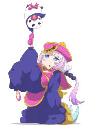 Rule 34 | 1girl, :o, beads, blue eyes, blue pants, blunt bangs, chinese clothes, claws, commentary request, cosplay, dated, full body, gradient hair, hair beads, hair ornament, handstand, hat, highres, jiangshi costume, kanna kamui, kobayashi-san chi no maidragon, leg up, lei lei, lei lei (cosplay), light purple hair, long hair, long sleeves, looking up, low twintails, multicolored hair, ofuda, panda, pants, pink footwear, pink hat, puffy pants, qingdai guanmao, samansa ex, simple background, slit pupils, solo, twintails, vampire (game), white background, wide sleeves
