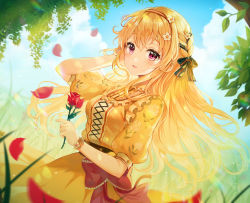 Rule 34 | 1girl, :d, absurdres, alternate hairstyle, bad id, bad pixiv id, bang dream!, blonde hair, braid, center frills, cross-laced clothes, day, dress, floral print, flower, frills, hair flower, hair ornament, hair ribbon, hairband, hand in own hair, highres, holding, holding flower, long hair, looking at viewer, open mouth, outdoors, petals, purple eyes, red flower, red rose, ribbon, rose, shirasagi chisato, short sleeves, side braid, single braid, smile, solo, tokkyu, white flower, wrist cuffs, wrist flower, yellow dress