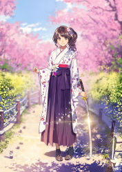 Rule 34 | 1girl, ankle boots, arm at side, blue sky, blush, boots, brown footwear, bush, cherry blossoms, closed mouth, cloud, commentary, commentary request, day, english commentary, fence, fingernails, floral print, flower, full body, glint, hair flower, hair ornament, hakama, hakama skirt, hand up, high heel boots, high heels, highres, holding, holding sword, holding weapon, japanese clothes, katana, kimono, lens flare, long hair, looking at viewer, nose blush, original, outdoors, partial commentary, path, pigeon-toed, pink flower, plant, print kimono, purple hakama, purple ribbon, ribbon, road, shadow, sidelocks, skirt, sky, smile, solo, spring (season), standing, sunlight, swept bangs, sword, tree, v-shaped eyebrows, weapon, white flower, white kimono, yohan12