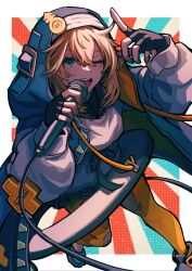Rule 34 | 1boy, absurdres, androgyne symbol, ap cammy, black gloves, blonde hair, blush, bridget (guilty gear), cuffs, fingerless gloves, gloves, green eyes, guilty gear, guilty gear strive, habit, handcuffs, highres, holding, holding microphone, hood, hood up, hooded jacket, hoodie, jacket, looking at viewer, male focus, medium hair, microphone, one eye closed, open clothes, open hoodie, open mouth, orange pantyhose, pantyhose, solo, tights day, trap