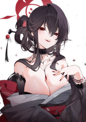 Rule 34 | 1girl, absurdres, bare shoulders, black choker, black hair, black kimono, blue archive, breasts, choker, cleavage, fingernails, hair ornament, hair stick, halo, highres, japanese clothes, kimono, kokuriko (blue archive), lace-trimmed choker, lace trim, large breasts, looking at viewer, nail polish, parted lips, red eyes, red lips, simple background, solo, upper body, white background, yukineko1018