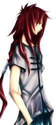 Rule 34 | 1boy, artist request, braid, character request, copyright request, frown, long hair, male focus, ponytail, profile, red eyes, red hair, serious, simple background, solo