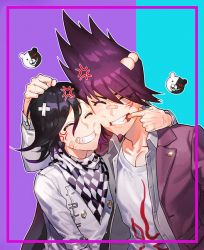 Rule 34 | 2boys, anger vein, bandaid, bandaid on head, black hair, checkered clothes, checkered scarf, cheek-to-cheek, closed eyes, collarbone, commentary, danganronpa (series), danganronpa v3: killing harmony, facial hair, fang, finger in another&#039;s mouth, goatee, green background, grin, heads together, jacket, long sleeves, male focus, momota kaito, monokuma, multicolored hair, multiple boys, on (onon2659), oma kokichi, pink background, pink jacket, print shirt, purple hair, scarf, shirt, short hair, smile, spiked hair, straitjacket, two-tone background, two-tone hair, upper body, white shirt