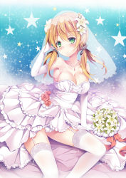 Rule 34 | 10s, 1girl, alternate costume, anchor hair ornament, armpits, bare shoulders, black ribbon, blonde hair, blush, bouquet, breasts, cleavage, closed mouth, collarbone, cross, dress, female focus, flower, garter straps, gloves, gradient background, green eyes, hair flower, hair ornament, hand on own head, iron cross, jewelry, kantai collection, lace, lace-trimmed dress, lace trim, large breasts, lily (flower), looking at viewer, low twintails, murasakio, necklace, pink flower, pink ribbon, pink rose, prinz eugen (kancolle), ribbon, rose, see-through, sitting, smile, solo, sparkle, star (symbol), strapless, strapless dress, thighhighs, twintails, veil, wedding dress, white dress, white flower, white gloves, white thighhighs