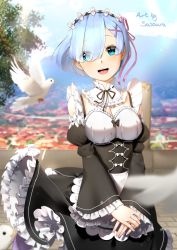 Rule 34 | 10s, 1girl, :d, absurdres, artist name, bird, blue eyes, blue hair, commentary, cowboy shot, day, detached collar, detached sleeves, dove, english commentary, closed eyes, eyes visible through hair, frilled sleeves, frills, hair ornament, hair over one eye, hair ribbon, highres, looking at viewer, maid, maid headdress, open mouth, outdoors, pink ribbon, puffy detached sleeves, puffy sleeves, re:zero kara hajimeru isekai seikatsu, rem (re:zero), ribbon, sasoura, short hair, smile, solo, v arms, wide sleeves, x hair ornament