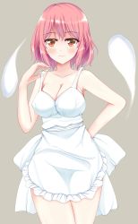 Rule 34 | 1girl, absurdres, apron, bad id, bad pixiv id, bare shoulders, breasts, collarbone, hand on own hip, highres, large breasts, light smile, looking at viewer, naked apron, pink hair, saigyouji yuyuko, short hair, solo, strap pull, touhou, wendell