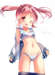 Rule 34 | 10s, 1girl, ;d, bad id, bad pixiv id, bikini, blush, rabbit, dated, hair bobbles, hair ornament, kantai collection, long sleeves, natuna natu, navel, one eye closed, open mouth, pink hair, sazanami (kancolle), short twintails, side-tie bikini bottom, smile, solo, swimsuit, twintails, twitter username, undressing, white background