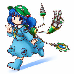 Rule 34 | &gt;:), 1girl, backpack, bag, blouse, blue eyes, blue hair, blue shirt, blue skirt, blush, blush stickers, boots, drill, eyebrows, full body, green hat, hair bobbles, hair ornament, hat, kawashiro nitori, key, long sleeves, looking at viewer, matching hair/eyes, mechanical arms, nitamago, pocket, rubber boots, shirt, short hair, simple background, single mechanical arm, skirt, skirt set, smile, solo, touhou, two side up, v, v-shaped eyebrows, white background
