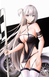 Rule 34 | 1girl, absurdres, arm strap, azur lane, bare hips, blue eyes, breasts, center opening, checkered flag, criss-cross halter, dress, flag, halter dress, halterneck, highres, holding, holding flag, large breasts, long hair, looking at viewer, mole, mole under eye, navel, official alternate costume, race queen, revealing clothes, shoukaku (azur lane), shoukaku (sororal wings) (azur lane), simple background, solo, standing, suji 7772, thighhighs, very long hair, wheel, white background, white hair, white thighhighs