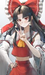 Rule 34 | 1girl, absurdres, black hair, bow, closed mouth, hair bow, hakurei reimu, hand on own hip, hand up, harapan-kun, highres, light blush, light smile, long hair, midriff, parted bangs, red bow, red eyes, solo, touhou, v