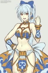 Rule 34 | 1girl, armor, back bow, bare shoulders, blue hair, bow, breasts, choker, gofelem, hand on own hip, high ponytail, long hair, looking at viewer, meru (dragoon), midriff, navel, open mouth, pelvic curtain, ponytail, red eyes, simple background, smile, solo, the legend of dragoon