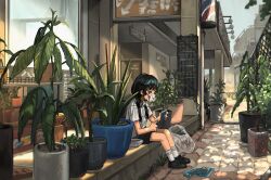 Rule 34 | 1girl, bag, barber pole, black eyes, black footwear, black hair, black skirt, building, city, collared shirt, commentary, english commentary, grass, highres, holding, long hair, lottery ticket, mixed-language commentary, myango (applemangocrape), original, outdoors, plant, potted plant, respirator, school uniform, shirt, shopping bag, short sleeves, sign, skirt, socks, solo, twintails, white shirt, white socks, window