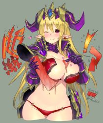 Rule 34 | 1girl, armor, between breasts, bikini, bikini armor, blonde hair, blush, breasts, cleavage, crown, curvy, fbc, female focus, horns, huge breasts, lilith (p&amp;d), long hair, looking at viewer, navel, o-ring, o-ring bottom, one eye closed, pauldrons, pointy ears, purple eyes, puzzle &amp; dragons, red bikini, red eyes, shoulder armor, smile, solo, swimsuit, thick thighs, thighhighs, thighs, translation request, wide hips