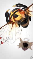 Rule 34 | blurry, blurry background, broken, bug, claws, commentary, creatures (company), ecdysis, flying, game freak, gen 3 pokemon, highres, insect wings, ninjask, nintendo, no humans, pokemon, pokemon (creature), red eyes, shedding, shedinja, upside-down, watermark, white background, wings, yunimaru