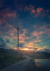 Rule 34 | cloud, evening, grass, highres, landscape, mks, mountainous horizon, no humans, original, outdoors, power lines, reflection, reflective water, rice paddy, road, rural, scenery, sign, sky, sun, sunset, utility pole