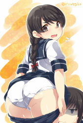 Rule 34 | 10s, 2girls, ass, black eyes, black hair, blue skirt, braid, buruma, clothes lift, commentary request, eyebrows, flying sweatdrops, fubuki (kancolle), hair ribbon, hand on own face, huge ass, jitome, kantai collection, leaning forward, long hair, looking back, multiple girls, open mouth, panties, pleated skirt, ribbon, sailor collar, school uniform, shaded face, short eyebrows, short hair, short sleeves, signature, single braid, skirt, skirt lift, thighs, torimaru, twitter username, underwear, uranami (kancolle), wavy mouth, white panties