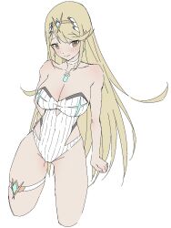 Rule 34 | 1girl, bare legs, bare shoulders, blonde hair, blush, breasts, chest jewel, choker, cleavage, earrings, highres, jewelry, kame 0 0 kame, large breasts, long hair, looking at viewer, mythra (radiant beach) (xenoblade), mythra (xenoblade), one-piece swimsuit, solo, swept bangs, swimsuit, thigh strap, very long hair, white choker, white one-piece swimsuit, xenoblade chronicles (series), xenoblade chronicles 2, yellow eyes