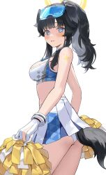 Rule 34 | 1girl, animal ears, ass, bare shoulders, black hair, blue archive, blue eyes, blush, breasts, cheerleader, crop top, dog ears, dog girl, dog tail, eyewear on head, gakincho02, gloves, goggles, goggles on head, halo, hibiki (blue archive), hibiki (cheer squad) (blue archive), highres, holding, holding pom poms, long hair, looking at viewer, medium breasts, millennium cheerleader outfit (blue archive), official alternate costume, panties, pom pom (cheerleading), pom poms, simple background, skirt, solo, star sticker, sticker on arm, sticker on face, tail, text print, thighs, underwear, wedgie, white background, white gloves, white panties, white skirt, yellow halo