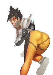 Rule 34 | 1girl, ass, bent over, bodysuit, bomber jacket, boots, breasts, brown eyes, brown hair, cameltoe, cleft of venus, dual wielding, from behind, gloves, goggles, gun, handgun, holding, jacket, leaning forward, light smile, looking at viewer, looking back, mezzo, mezzo (orbanga21), overwatch, overwatch 1, parted lips, pistol, short hair, simple background, skin tight, smile, solo, spiked hair, tracer (overwatch), weapon, white background