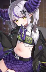 Rule 34 | 1girl, ahoge, ascot, ayaoshiro, belly, belt, black belt, black jacket, choker, cross hair ornament, demon horns, ear piercing, earrings, flat chest, grey hair, hair intakes, hair ornament, highres, hololive, horns, jacket, jewelry, la+ darknesss, la+ darknesss (3rd costume), large horns, light blush, looking at viewer, medium hair, midriff, multicolored hair, multiple piercings, navel, o-ring, open mouth, piercing, plaid, plaid skirt, pleated skirt, pointy ears, purple ascot, purple choker, purple ribbon, purple skirt, purple thighhighs, ribbon, shirt, sidelocks, sitting, skirt, sleeves past fingers, sleeves past wrists, smile, solo, star (symbol), star hair ornament, streaked hair, teeth, thighhighs, thighs, tile wall, tiles, twintails, very long sleeves, virtual youtuber, white shirt, yellow eyes, zettai ryouiki