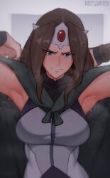 Rule 34 | 1girl, arm guards, armpit focus, armpits, arms up, blue eyes, border, breasts, brown hair, cloak, closed mouth, commentary, dota (series), dota 2, dripping, english commentary, gem, highres, long hair, looking at viewer, medium breasts, mirana (dota), simple background, smell, sorapoi, steam, steaming body, sweat, sweat stain, sweaty clothes, tiara, twitter username, upper body, white border