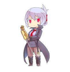 Rule 34 | 1girl, arcana heart, black coat, black skirt, brown pants, chibi, closed mouth, coat, folded ponytail, grey hair, grey shirt, looking at viewer, necktie, pants, pecka, pink eyes, red necktie, shirt, simple background, skirt, solo, standing, v-shaped eyebrows, weapon, white background, zenia valov