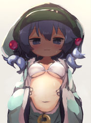 Rule 34 | 1girl, absurdres, alt text, bikini, blue eyes, blue hoodie, breasts, chii (tsumami tsumamare), cleavage, closed mouth, flat cap, green hat, grey background, hair bobbles, hair ornament, hat, highres, hood, hoodie, kawashiro nitori, looking at viewer, navel, short hair, simple background, solo, swimsuit, touhou, two side up, upper body, white bikini