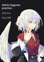 Rule 34 | 1girl, belt, belt buckle, black background, black belt, blouse, blush, buckle, buttons, character name, closed mouth, collarbone, collared shirt, dated, feathered wings, hair between eyes, highres, kishin sagume, ko kita, red eyes, red shirt, shirt, short hair, short sleeves, simple background, single wing, solo, touhou, upper body, white hair, white wings, wings