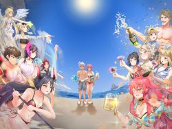 Rule 34 | 4boys, 6+girls, absurdres, alexa (epic seven), angel of light angelica (epic seven), apocalypse ravi (epic seven), arkasus, beach, beer mug, bikini, bird, blonde hair, blue eyes, blue male swimwear, blue swim trunks, blush, boat, braid, brown eyes, brown hair, cermia (epic seven), cermia (swimsuit cermia) (epic seven), champagne bottle, charles (epic seven), choker, conqueror lilias (epic seven), cup, double bun, drink, drinking glass, earrings, elf, epic seven, eyewear on head, facial hair, facial mark, fallen cecilia (epic seven), feathered wings, flower, forehead mark, green eyes, grey hair, hair bun, hair flower, hair ornament, heterochromia, highres, holding, holding drink, holding weapon, horns, hwayoung (epic seven), ice cream cone, iseria (epic seven), jewelry, male swimwear, mediator kawerik (epic seven), mercedes (epic seven), montmorancy (epic seven), mug, multiple boys, multiple girls, mustache, one eye closed, party popper, pointy ears, prince aither, purple eyes, rass elclare, red hair, sunglasses, swim trunks, swimsuit, tinkst, watercraft, weapon, wine glass, wings, yellow eyes