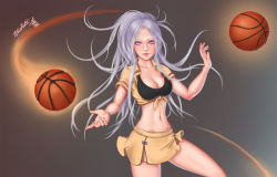 Rule 34 | 1girl, alternate costume, alternate hairstyle, bad id, bad pixiv id, ball, basketball, basketball (object), black bra, bra, breasts, cleavage, cowboy shot, eliskalti, floating, floating hair, front-tie top, glowing, grey background, hair up, highres, league of legends, lips, long hair, looking at viewer, messy hair, midriff, miniskirt, navel, open clothes, open shirt, pleated skirt, ponytail, purple eyes, shirt, short sleeves, signature, silver hair, simple background, skirt, solo, sports bra, sportswear, standing, syndra, telekinesis, tied shirt, underwear, very long hair, wide hips, wing collar