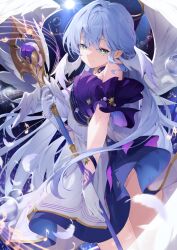 Rule 34 | 1girl, absurdres, aqua eyes, asymmetrical gloves, bare shoulders, closed mouth, dress, earrings, facial mark, falling feathers, feathers, floating hair, gloves, hair between eyes, halo, head wings, highres, holding, holding staff, honkai: star rail, honkai (series), jewelry, long hair, looking at viewer, musical note, nyun, purple dress, robin (honkai: star rail), smile, solo, staff, standing, teeth, two-tone dress, uneven gloves, upper teeth only, wings