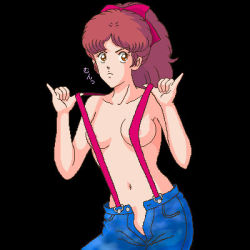 Rule 34 | 1girl, denim, jeans, lowres, pants, red ribbon, ribbon, suspenders, suspenders pull, touch (manga), yuka ntta
